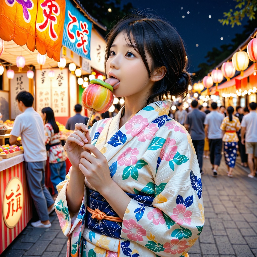 夏祭りにきてます-りんご飴おいしい！