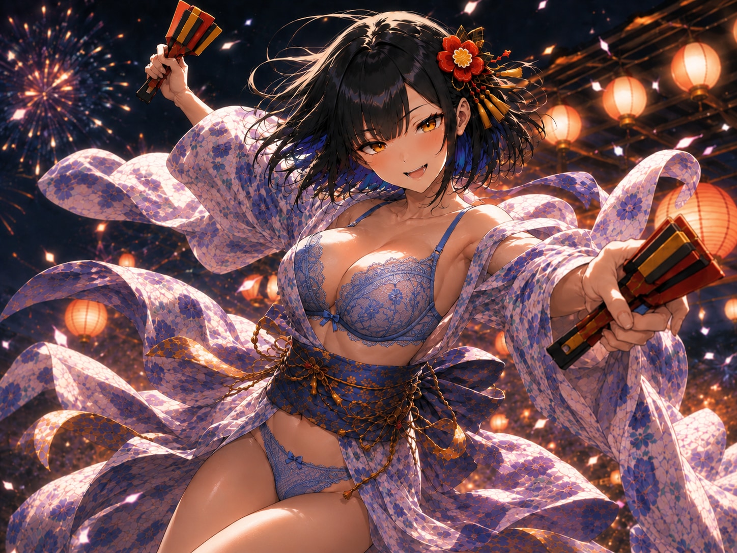 夏祭りの花火と舞う1