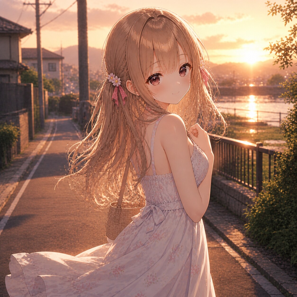 初夏の夕日、振り向いた梢