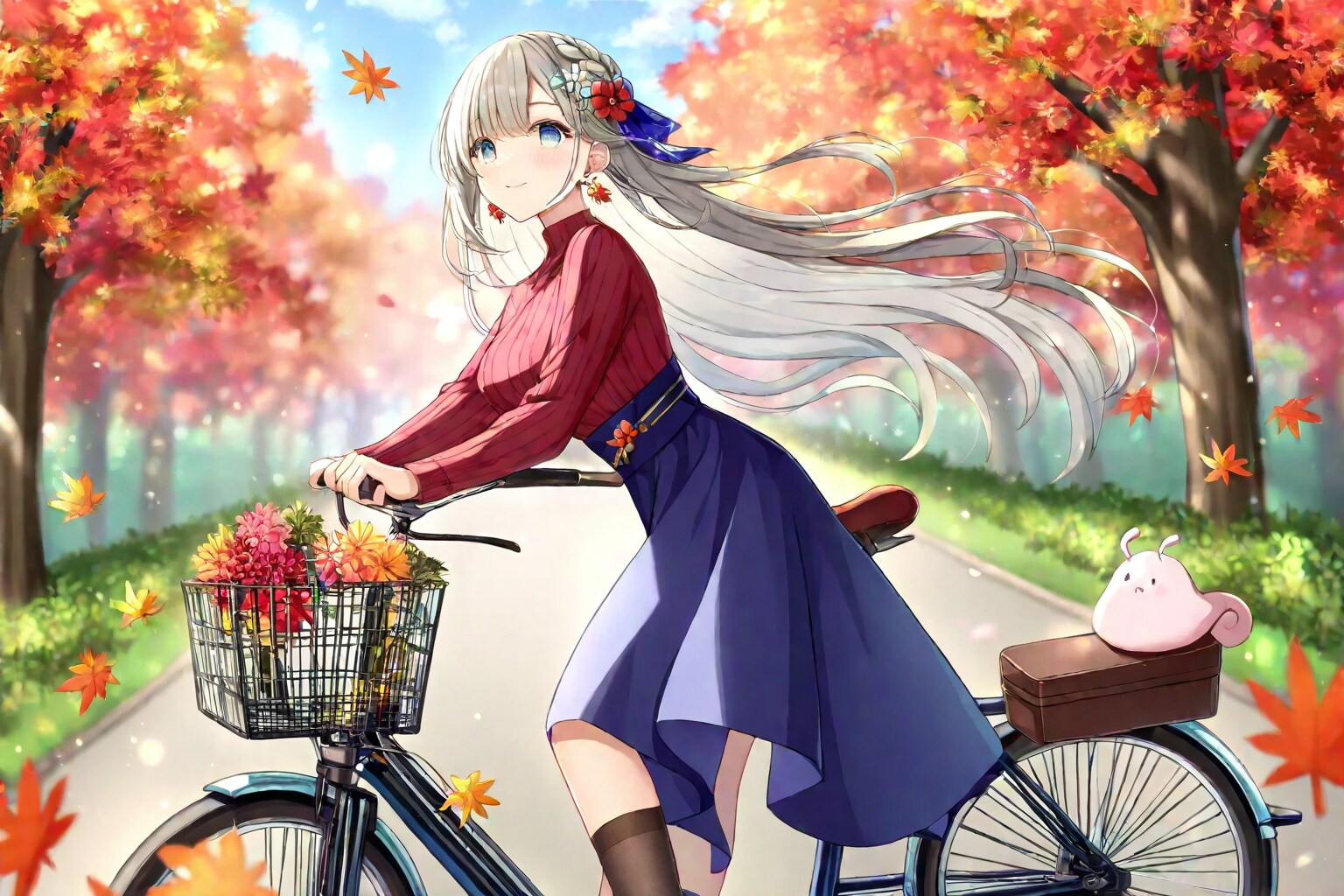 銀髪ロングで自転車の美女 | の人気AIイラスト・グラビア