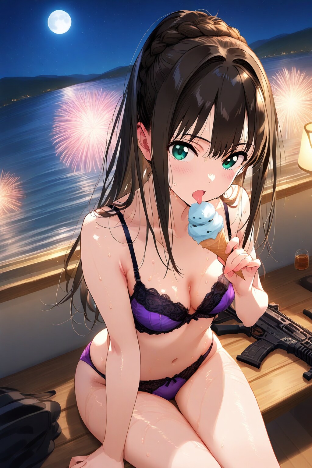 下着姿のしぶりんと夜の湖畔で