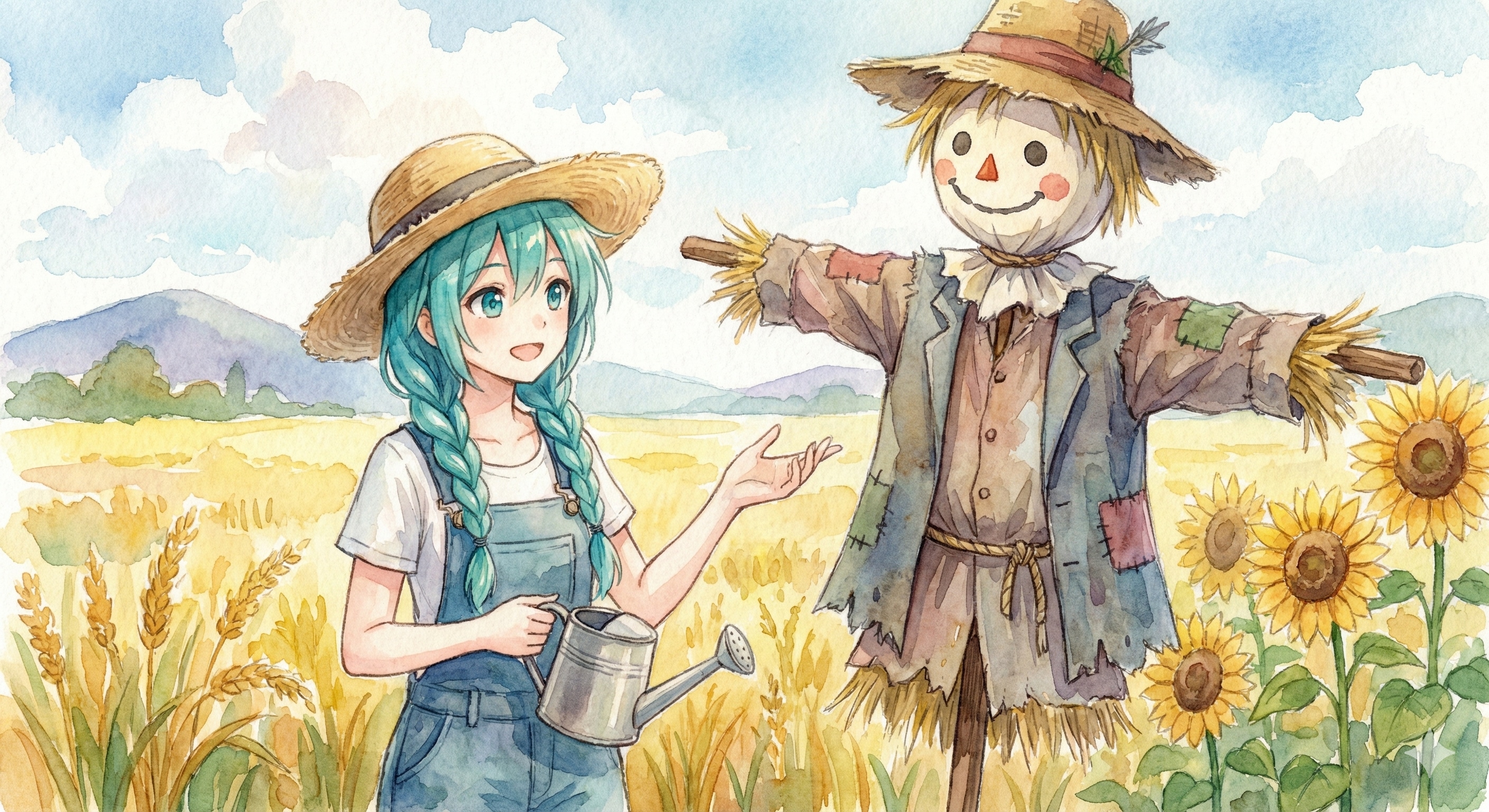 水彩画ミクさん　畑で見つけた無口な友達 | の人気AIイラスト・グラビア