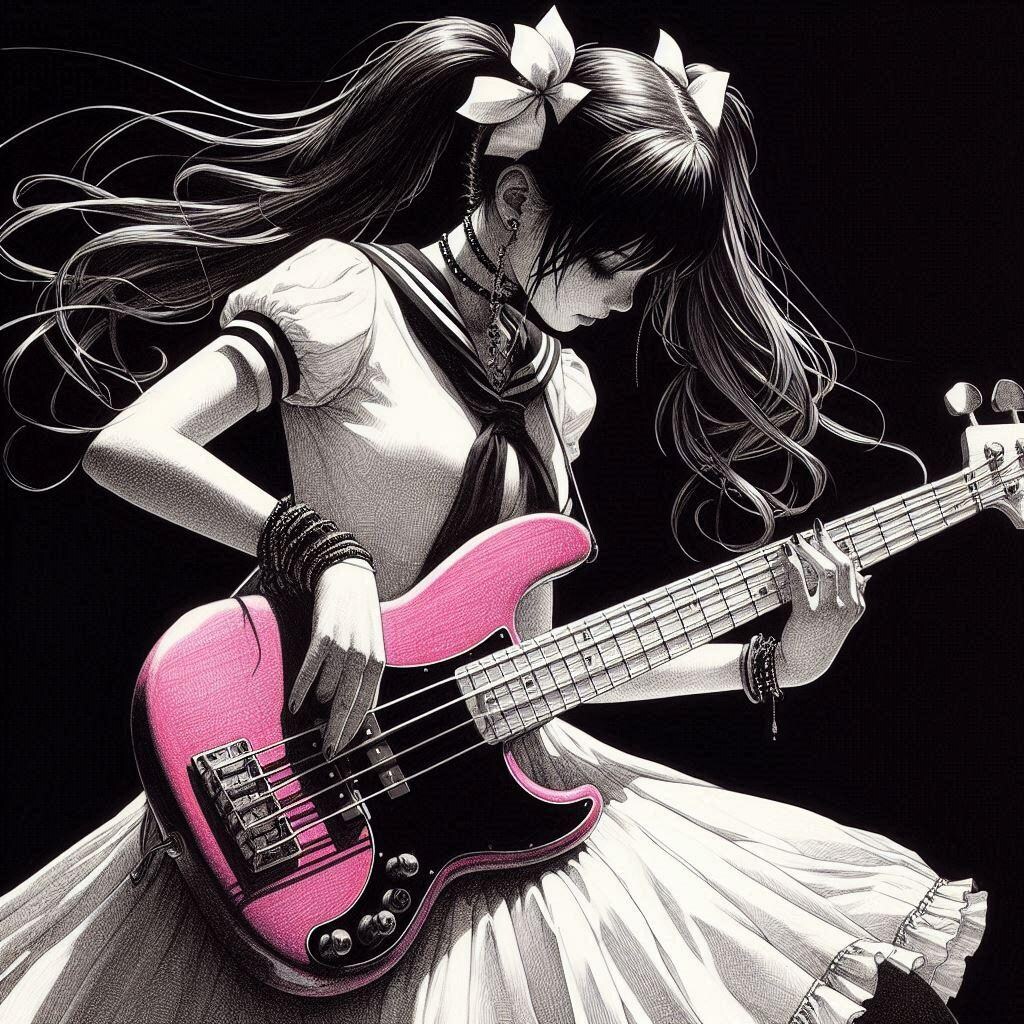 ベースギターを弾く少女