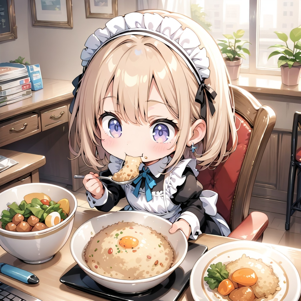 LARIMARのチャーハンを食べるメイドさん