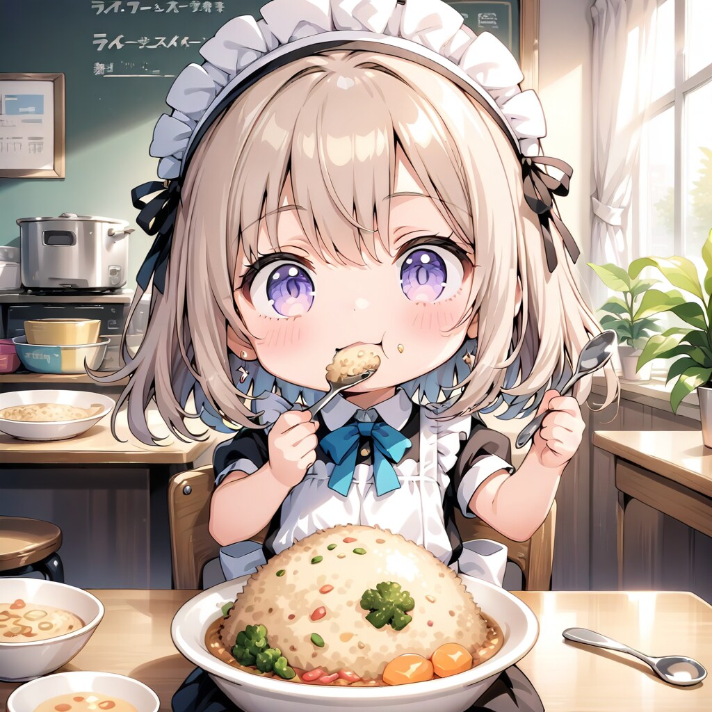 LARIMARのチャーハンを食べるメイドさん