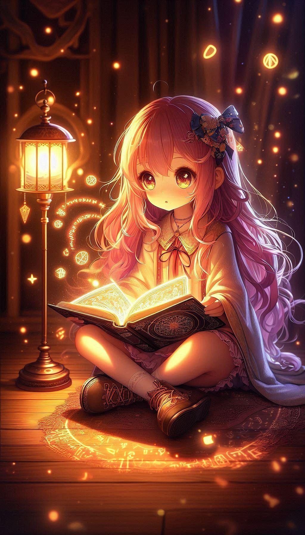 フロアランプの光に照らされた幼き魔導書読者