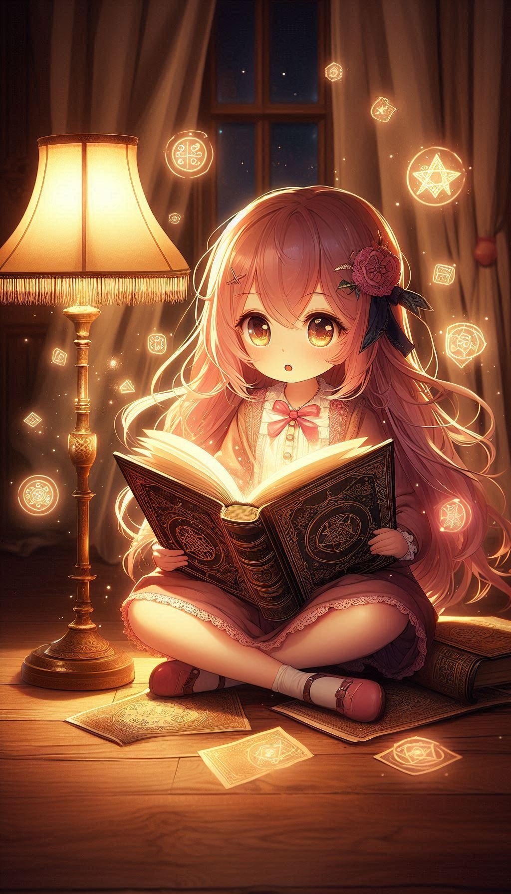 フロアランプの光に照らされた幼き魔導書読者