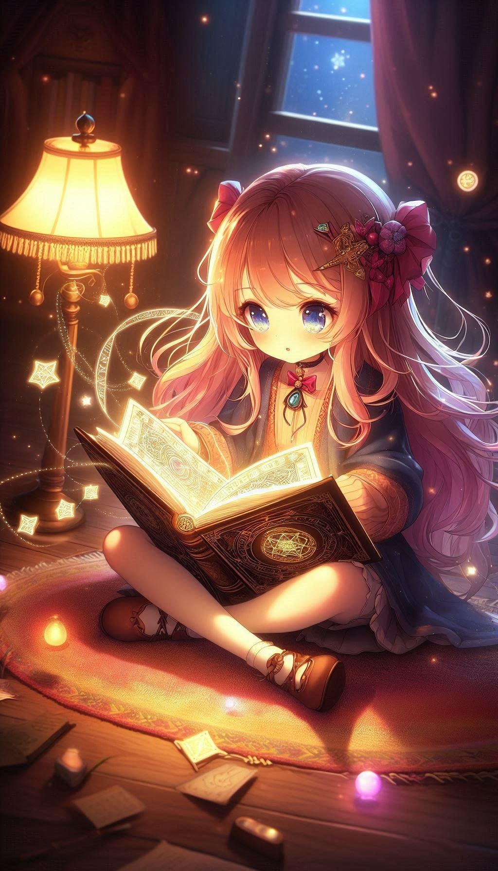 フロアランプの光に照らされた幼き魔導書読者