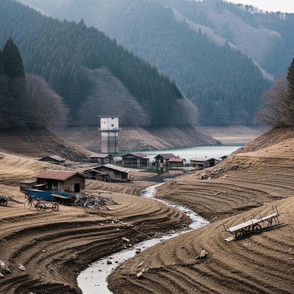 湖底から現れた沈んだ村