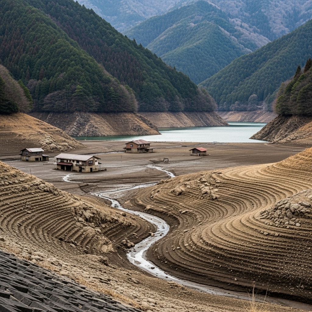 湖底から現れた沈んだ村