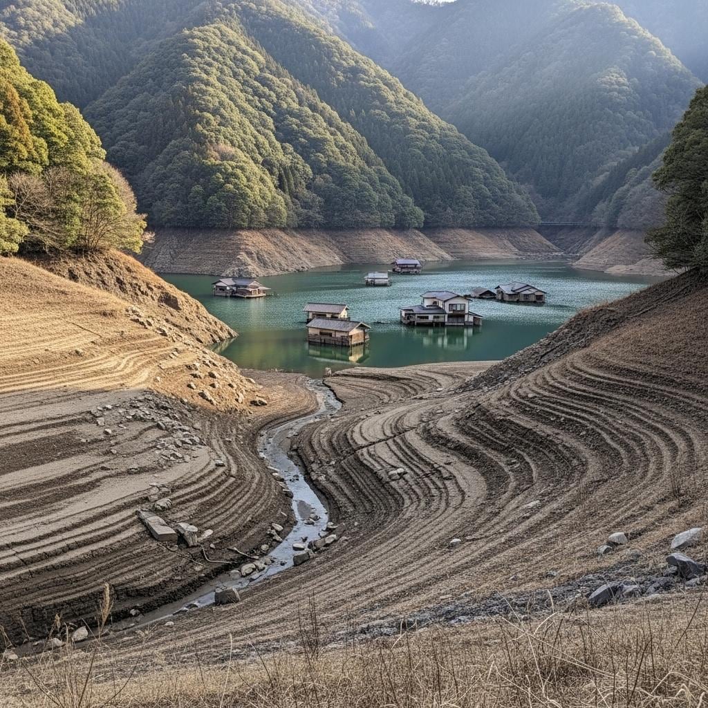 湖底から現れた沈んだ村
