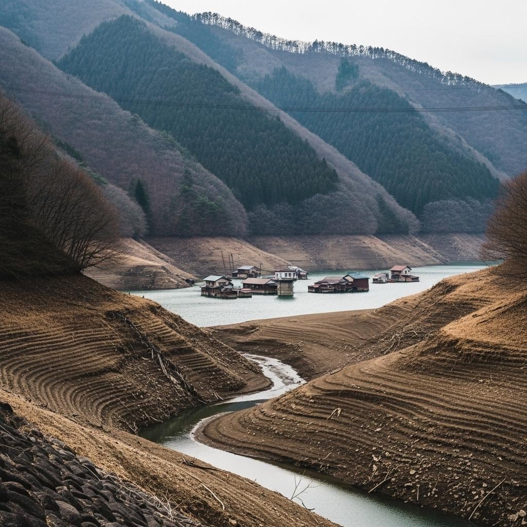 湖底から現れた沈んだ村