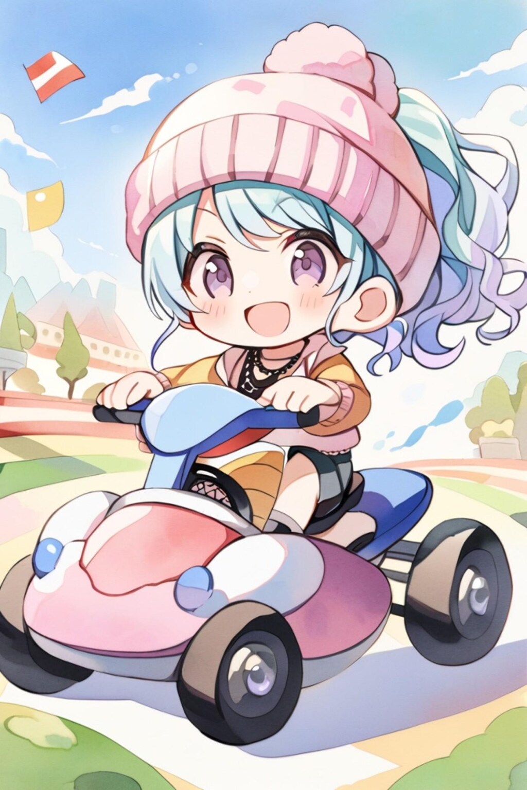 カートに乗る青髪ちゃん