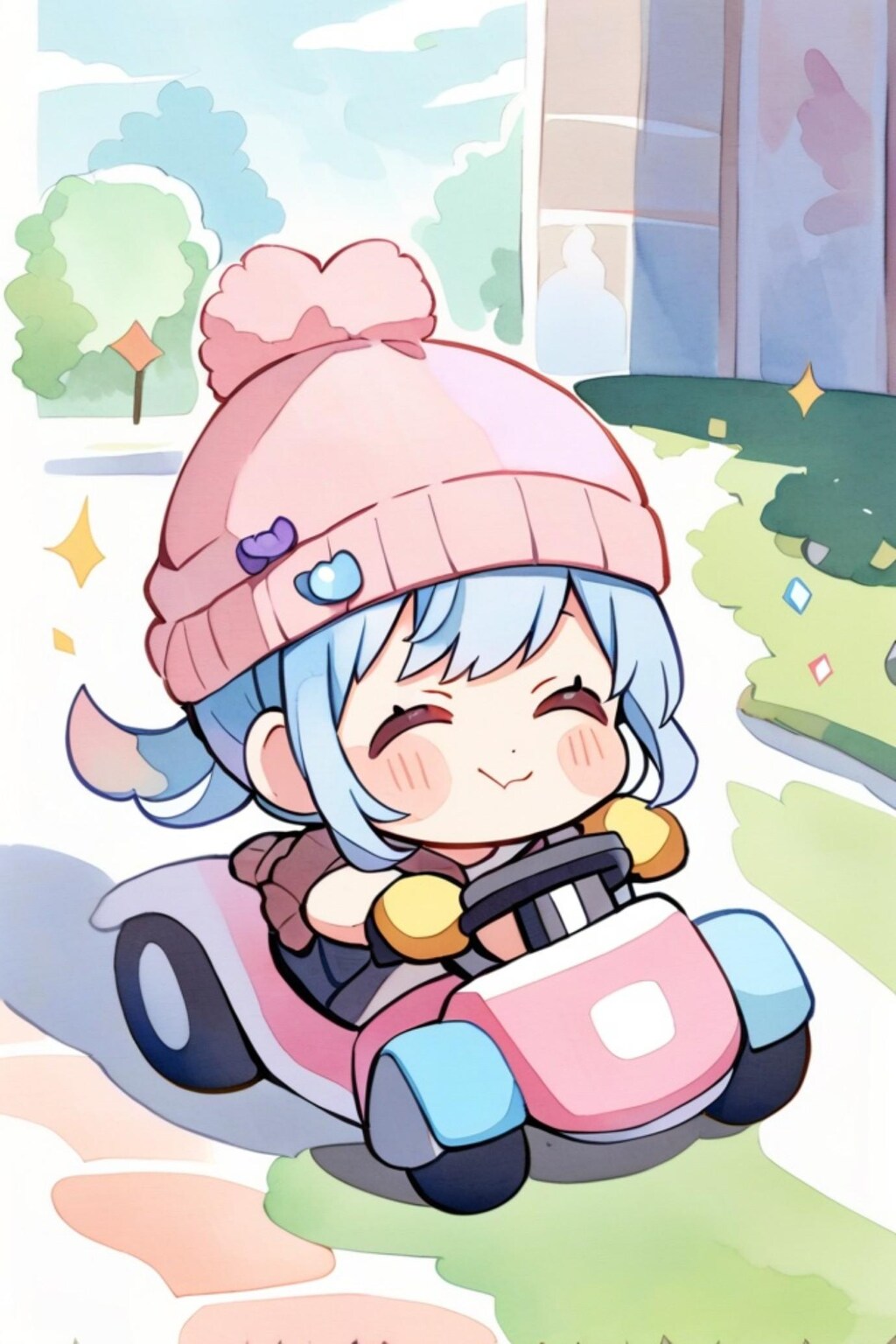 カートに乗る青髪ちゃん