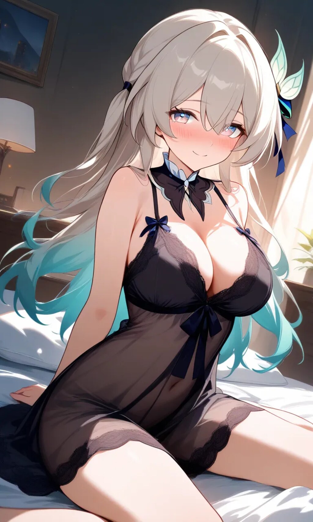 ネグリジェ🌃👗姿でベッドに座るホタル✨⚔️