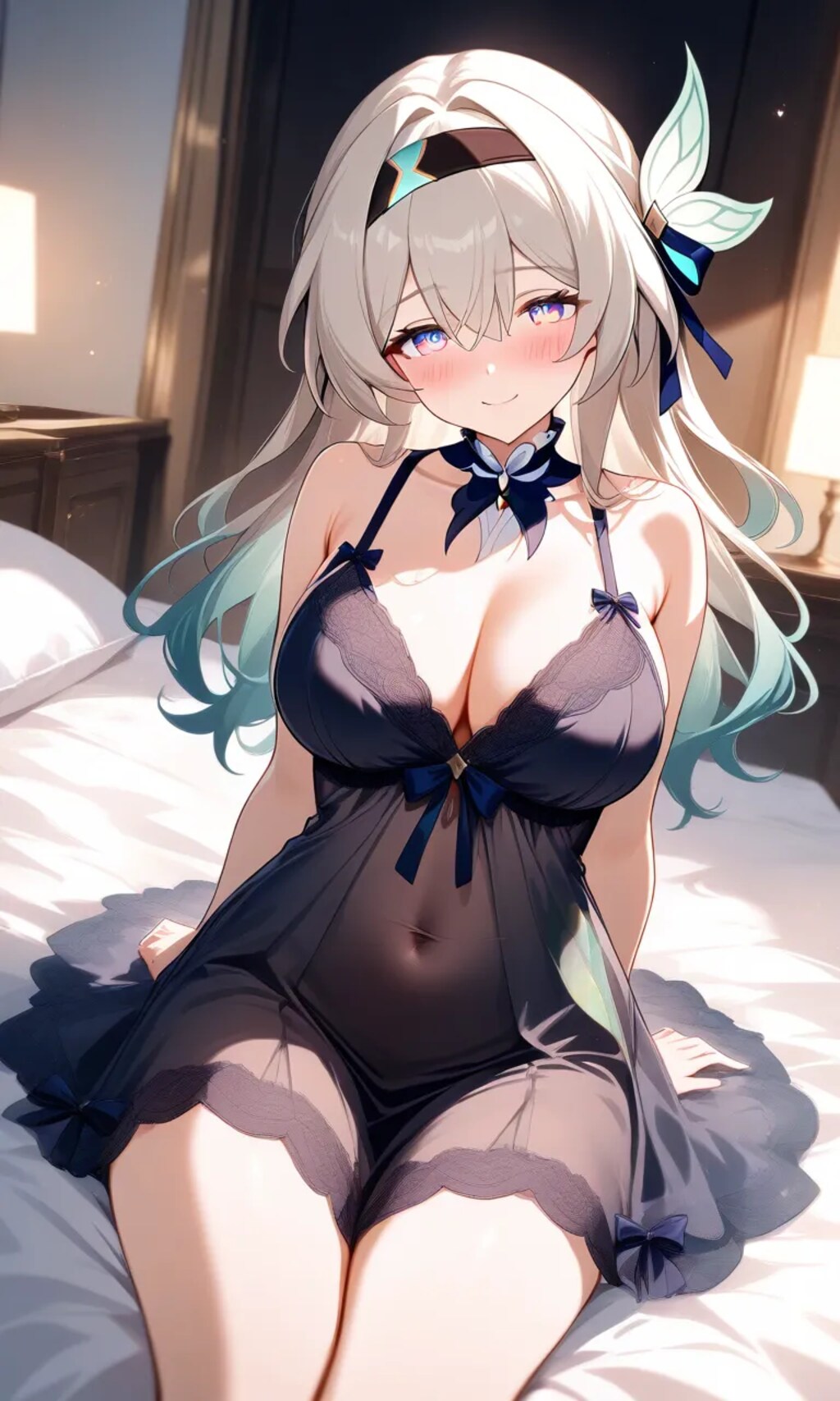 ネグリジェ🌃👗姿でベッドに座るホタル✨⚔️