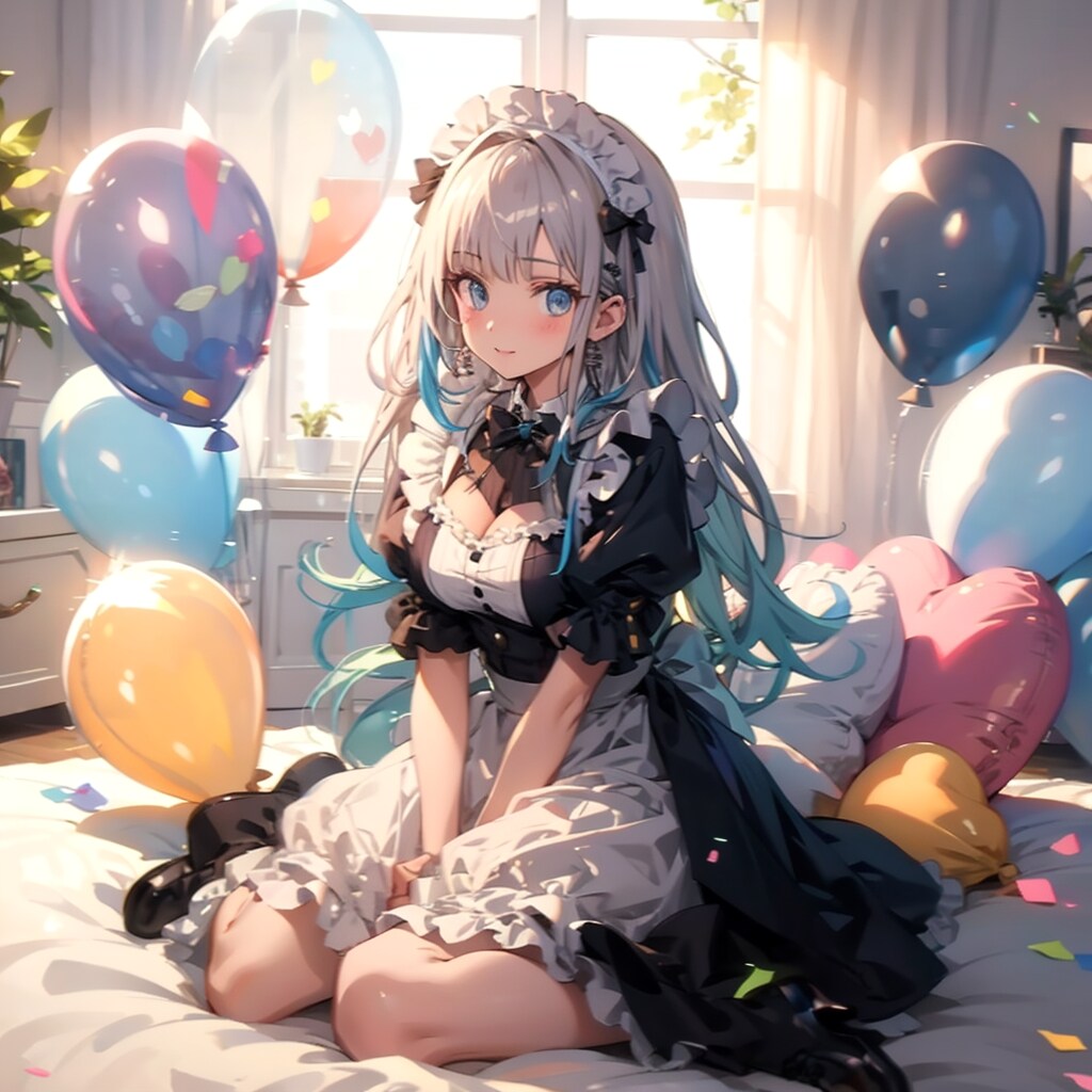 いっぱい色とりどりの風船を持つ白い髪ロングのメイド服着た美女