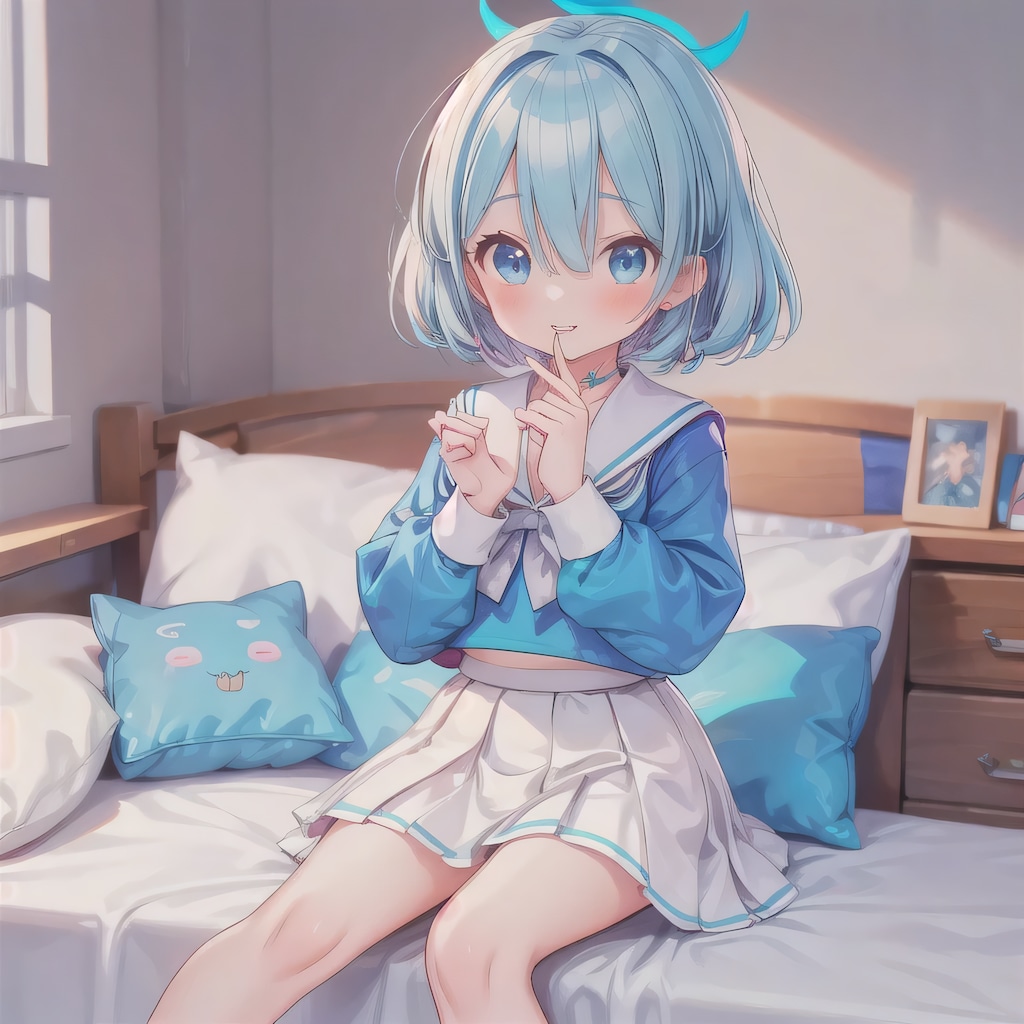 青髪ボブで寝室の少女２