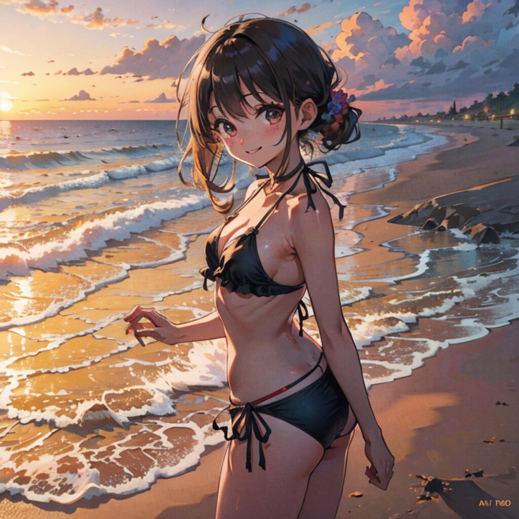 夕日のビーチにて