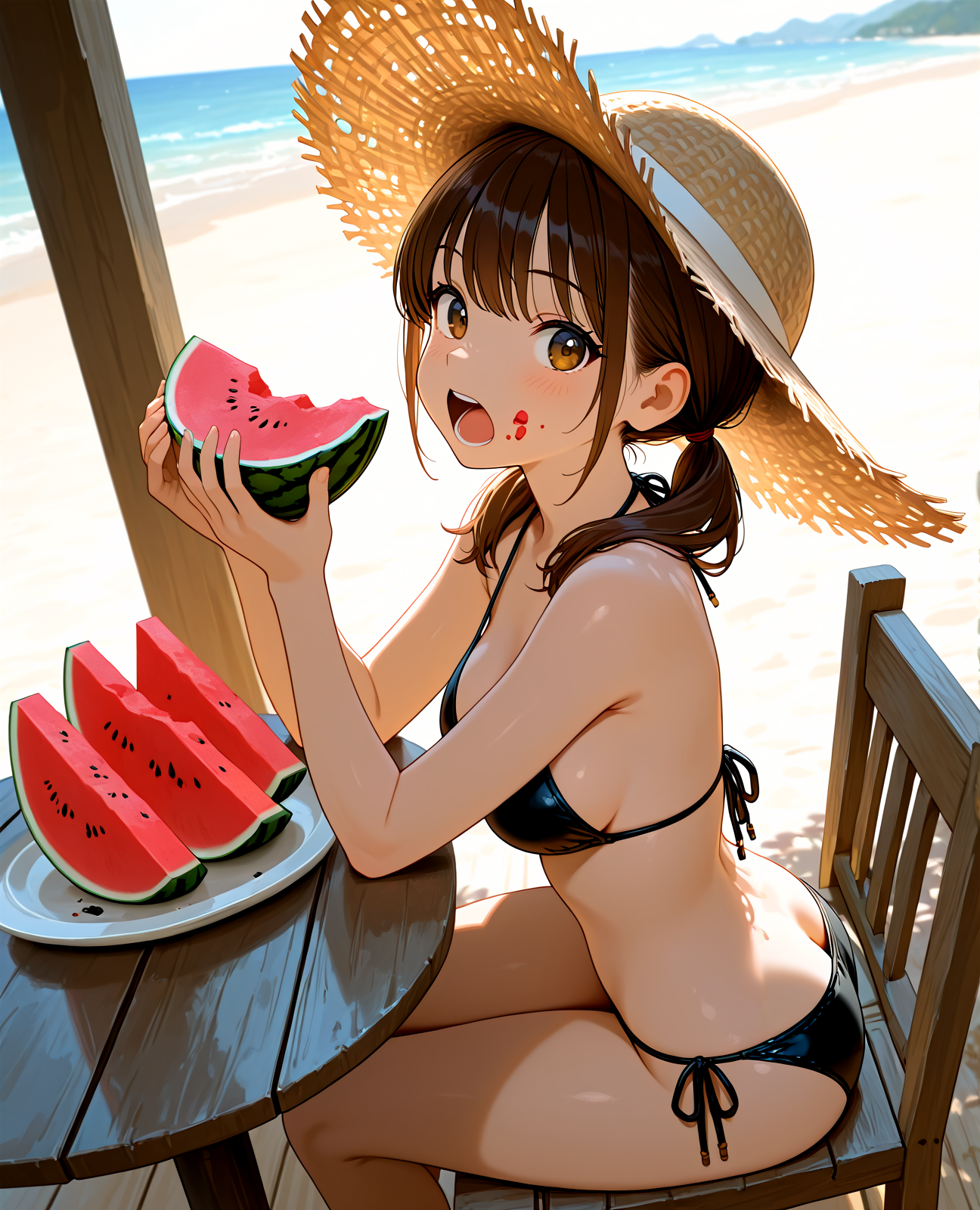 ビーチでスイカを食べる女の子