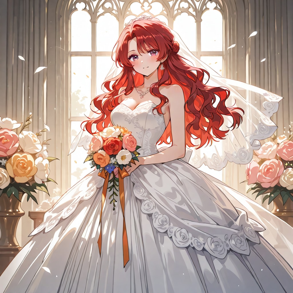 風船出ない。赤い髪ロングウェーブヘアのウェディングドレス着た美女 | の人気AIイラスト・グラビア