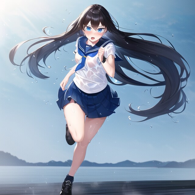 汗だくになって走る黒髪ロングちゃん