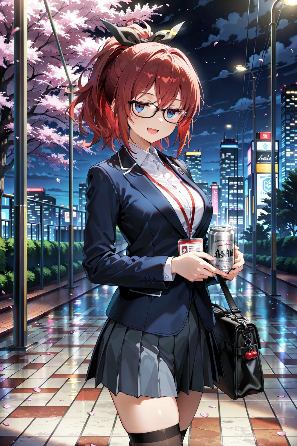 仕事帰りに公園で夜桜とビールを楽しみつつ歩くジト目先生