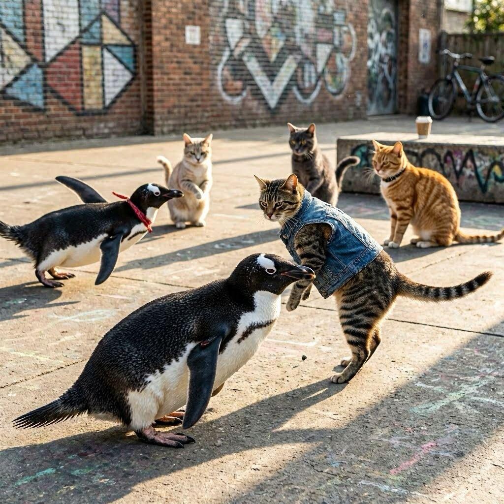 ペンギンに出会う猫