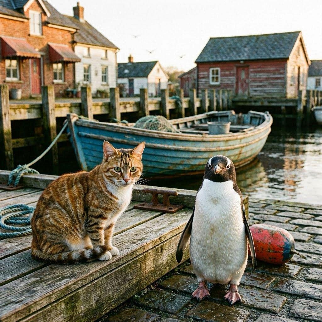 ペンギンに出会う猫