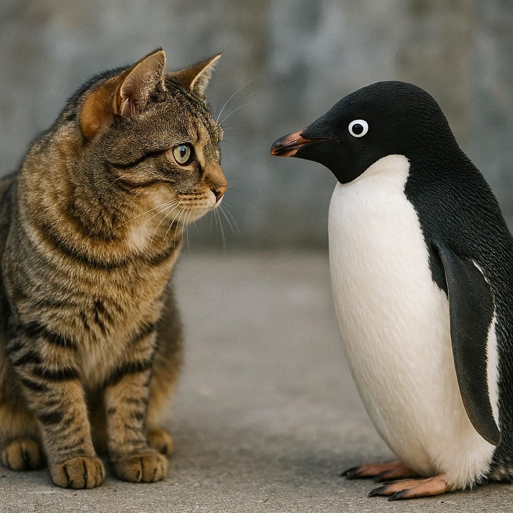 ペンギンに出会う猫