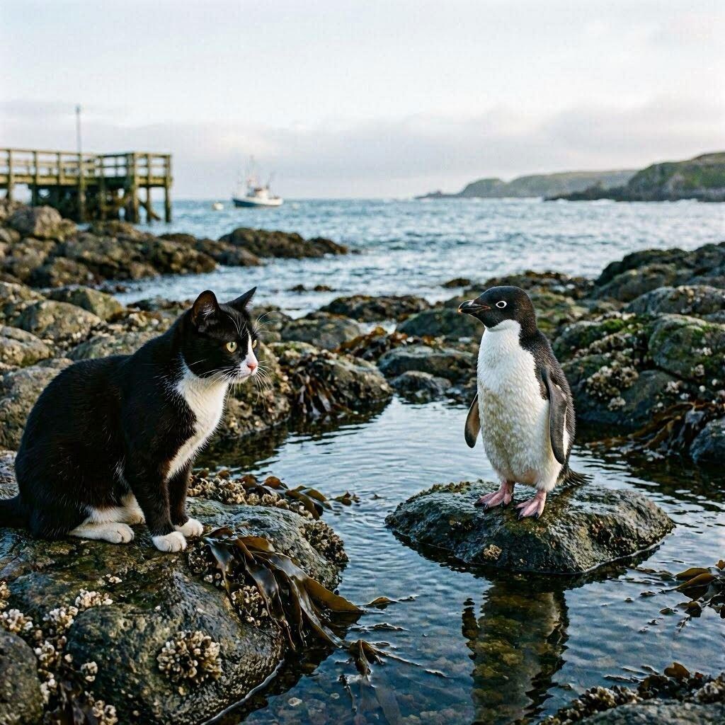 ペンギンに出会う猫