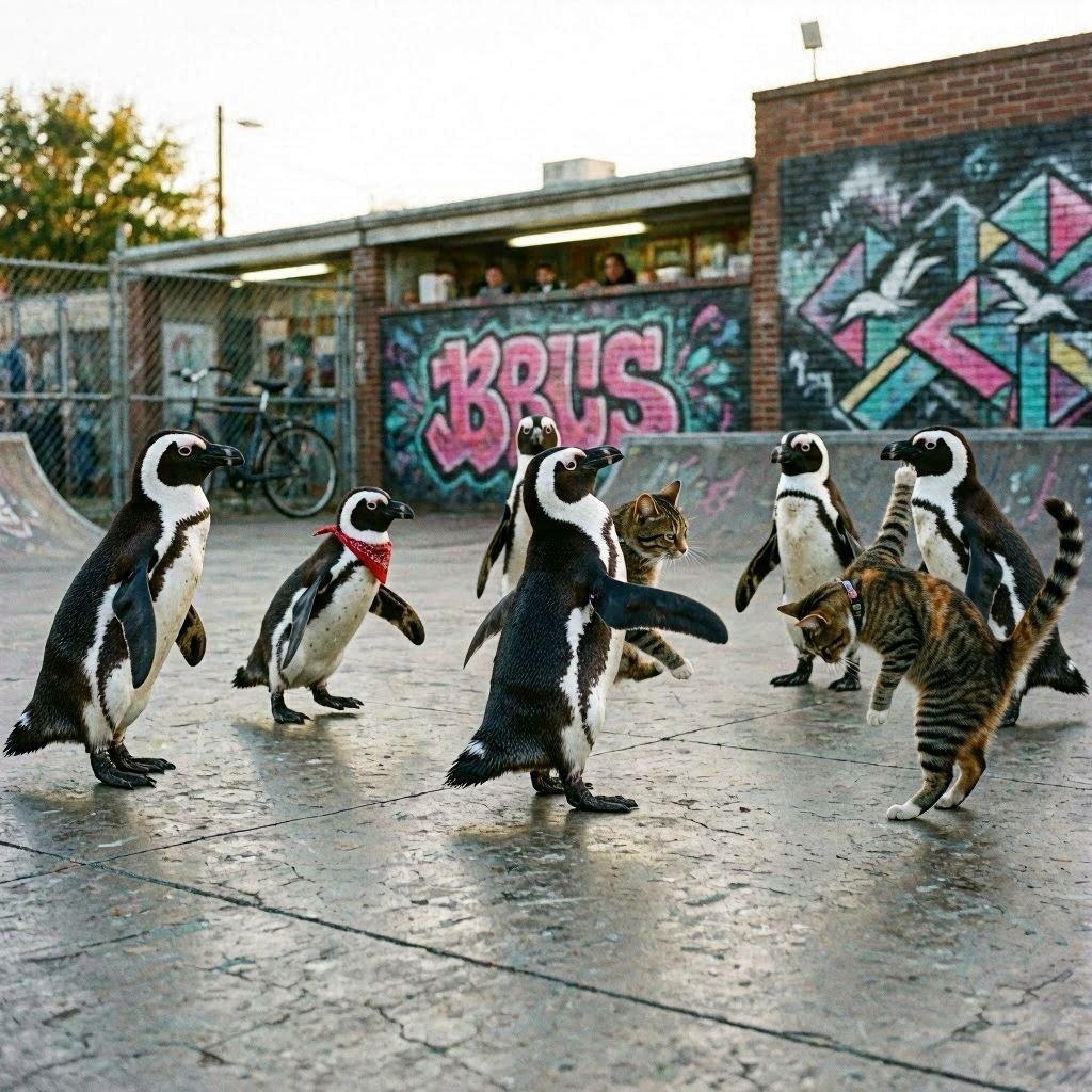 ペンギンに出会う猫