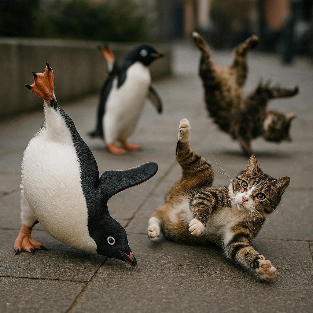 ペンギンに出会う猫