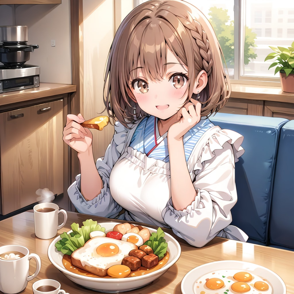 割烹着の妻　朝ごはんどうかな？