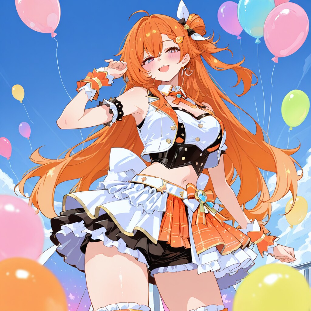 いっぱい色とりどりの風船を持つオレンジロングのアイドル衣装着た美女