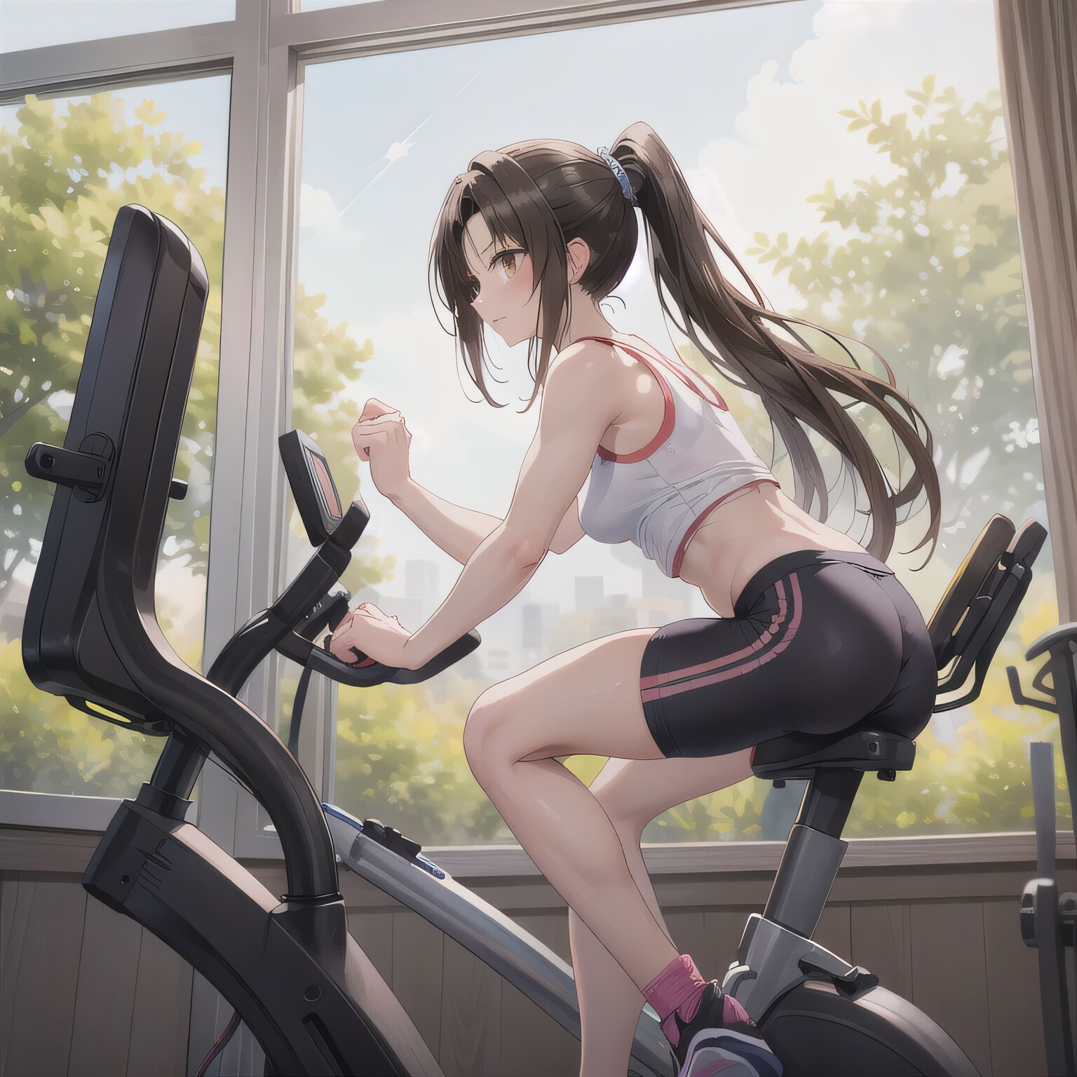 黒髪ポニテでエアロバイクの少女４ | の人気AIイラスト・グラビア