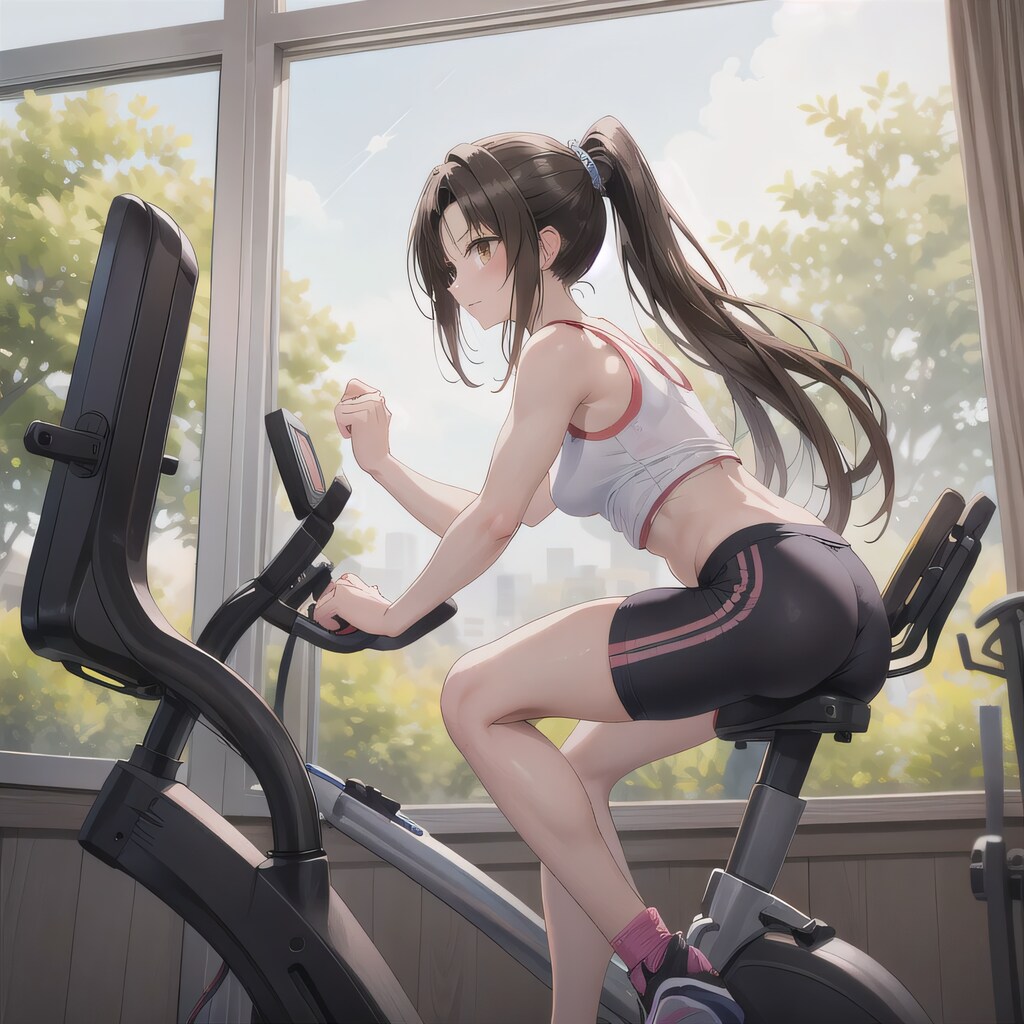 黒髪ポニテでエアロバイクの少女４