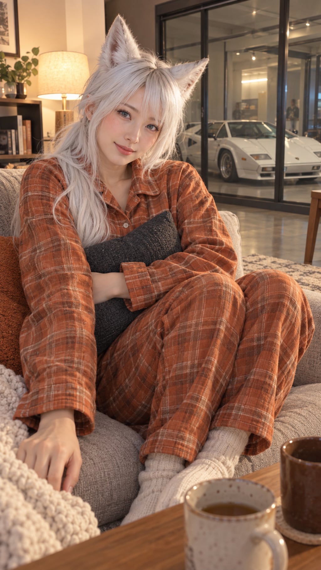白髪の狐耳女性＋白いCountachの白髪の狐耳女性