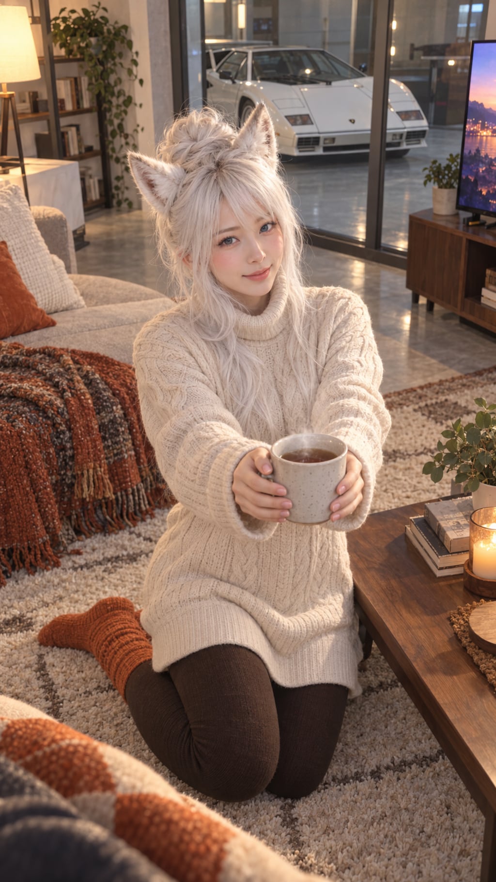 白髪の狐耳女性＋白いCountachの白髪の狐耳女性
