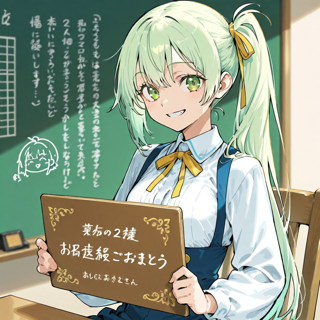 ボードを持つ、きみどりちゃん