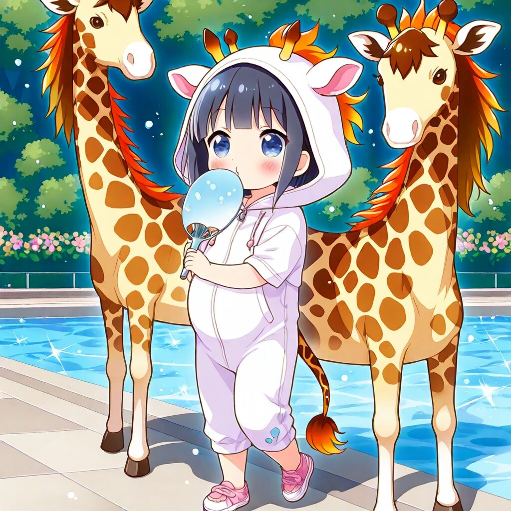 水に飛び込むキリン着ぐるみちび子ちゃん