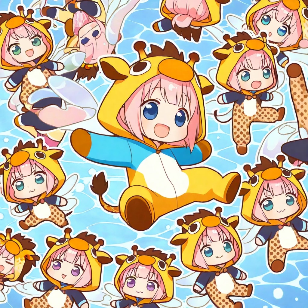 水に飛び込むキリン着ぐるみちび子ちゃん