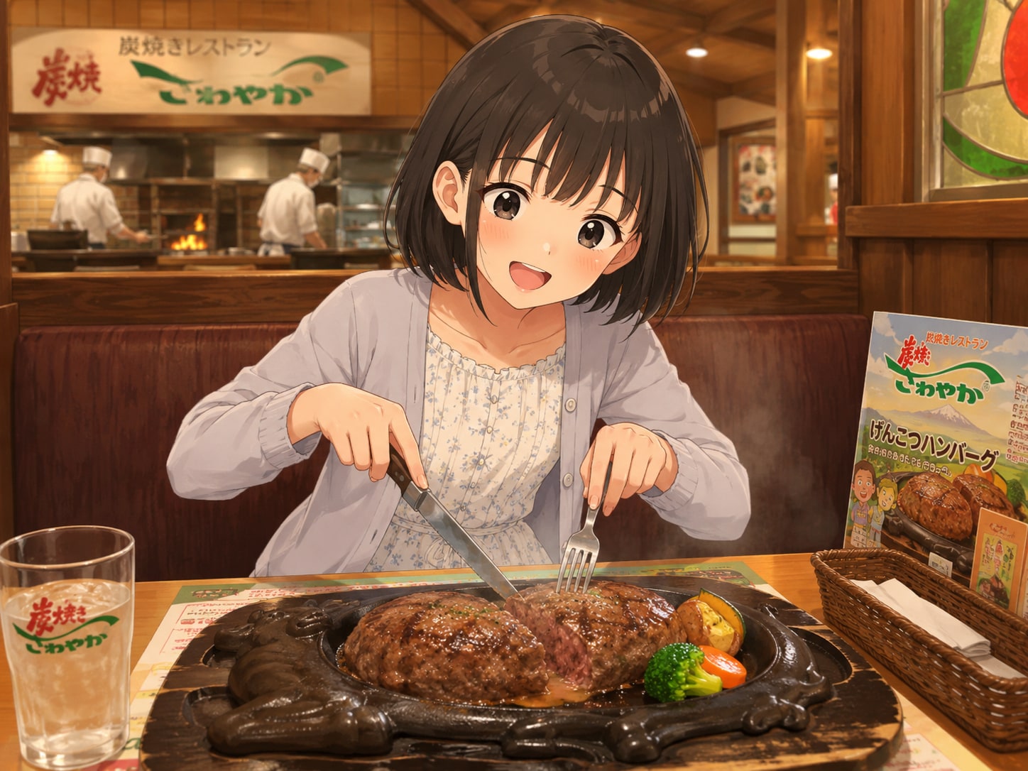 げんこつハンバーグを食べている女の子 | の人気AIイラスト・グラビア
