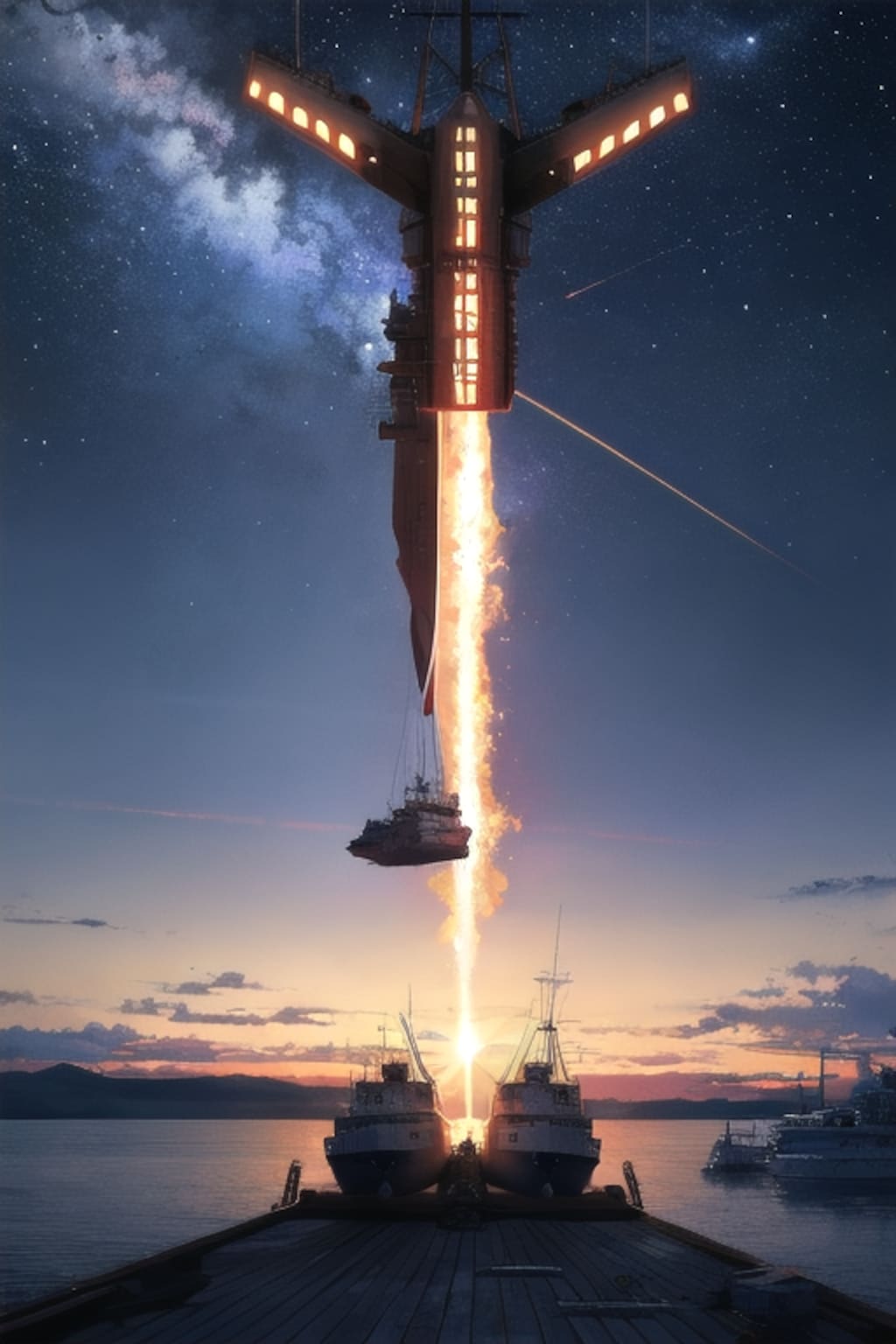 宇宙から来た軍艦と星空