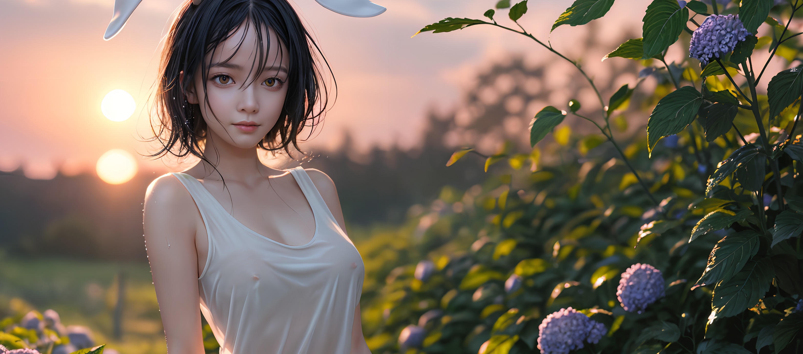 雨に濡れたうさみみ女性と紫陽花と