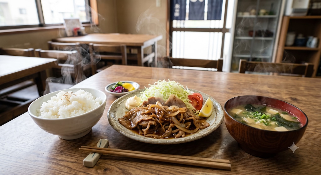 摩訶不思議食堂の豚の生姜焼き定食