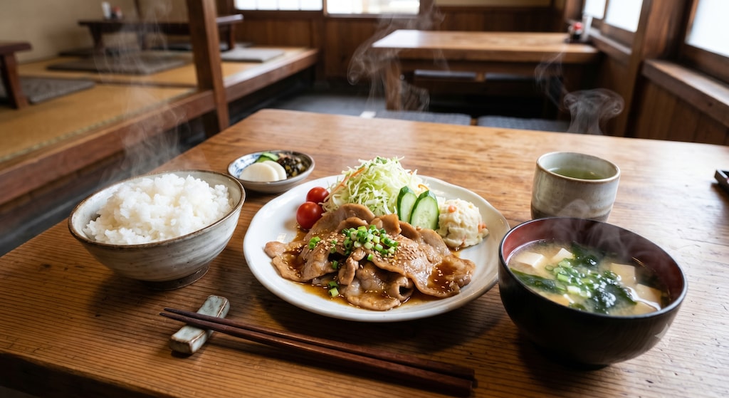摩訶不思議食堂の豚の生姜焼き定食