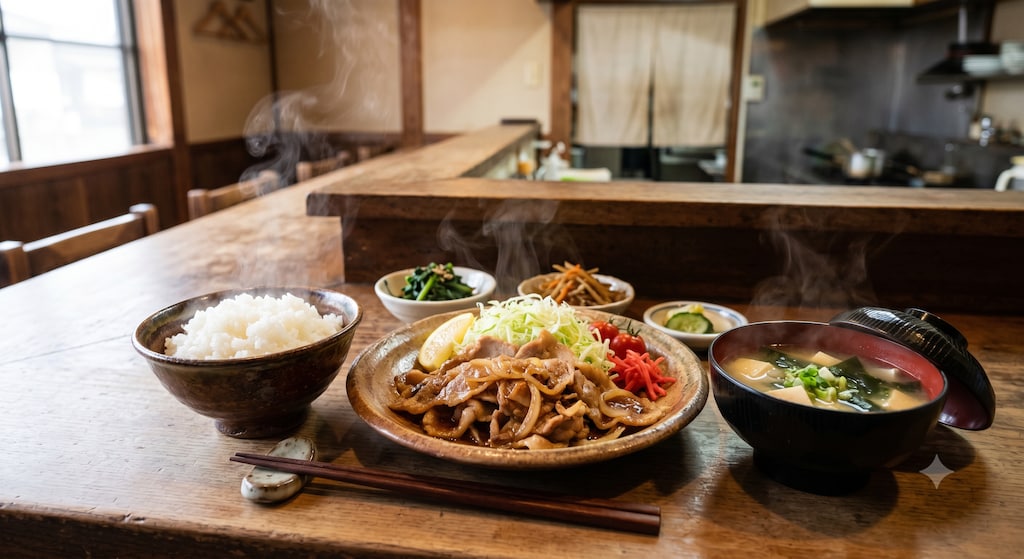 摩訶不思議食堂の豚の生姜焼き定食