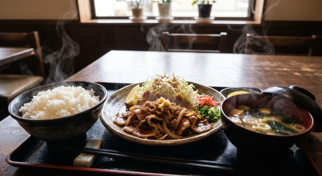摩訶不思議食堂の豚の生姜焼き定食