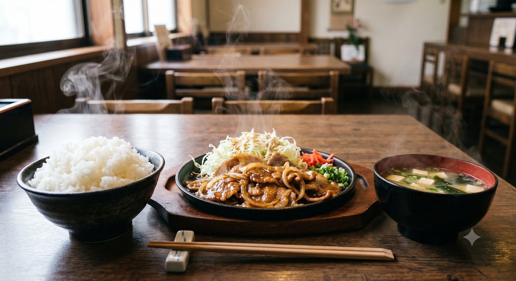 摩訶不思議食堂の豚の生姜焼き定食